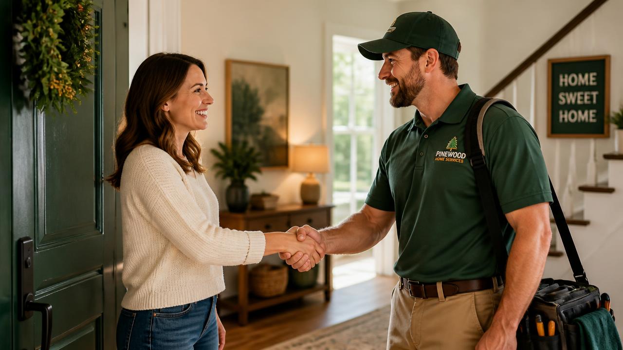 Homeowner greeting a local service provider at the front door
